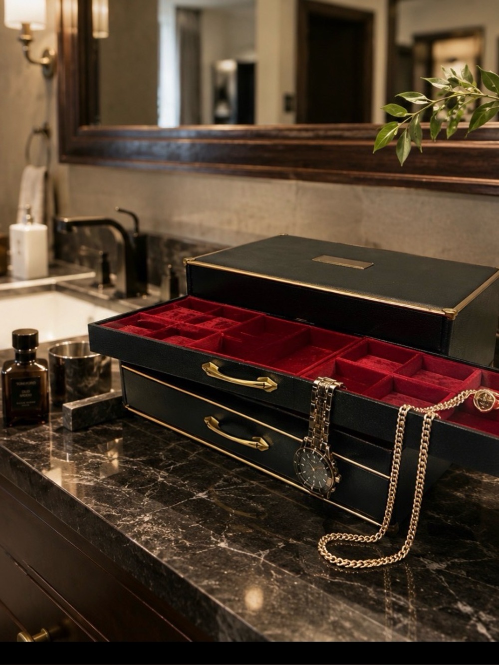 ANSON Mens Jewelry Box Black Leather Brass Trim Red velvet Interior Vintage